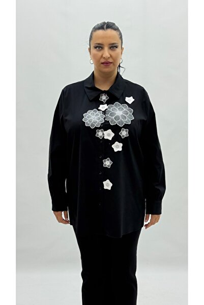 AY-SEL Büyük Beden Düğmeli Çiçek Detaylı Uzun Kol Oversize Kadın Gömlek