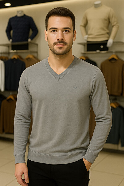 Maccali Men's Casual Basic Loose Gray Long Sleeve V-Neck Sweater