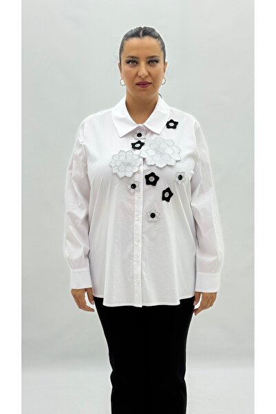 AY-SEL Büyük Beden Düğmeli Çiçek Detaylı Uzun Kol Oversize Kadın Gömlek