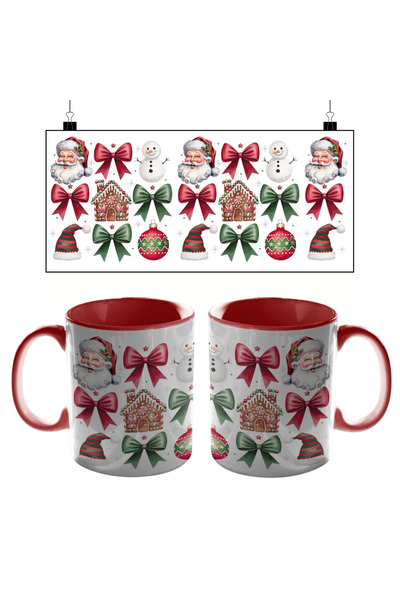 PRİNTOPİA DESİGN Classic Santa Claus Snowflake Gingerbread House Patterned Red Mug |   300 ml Christmas Gift Mug