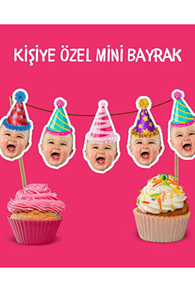Dijital Nostal Kişiye Özel Cupcake Pasta Dekor Süs Mini Bayrak 5 Adet Kafa I ...
