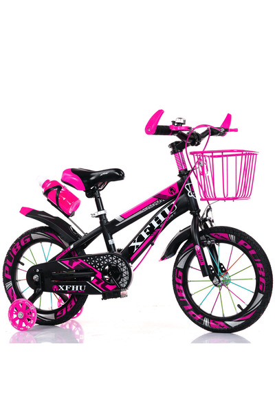 JHT Children's bicycle 3-5 years JHT, 12 inch, pink, LED training wheels, basket and water bottle