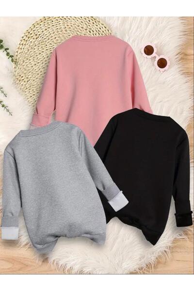 No Plan Girl's Love Heart and Ribbon Printed Triple Gray/Pink/Black Sweatshirt