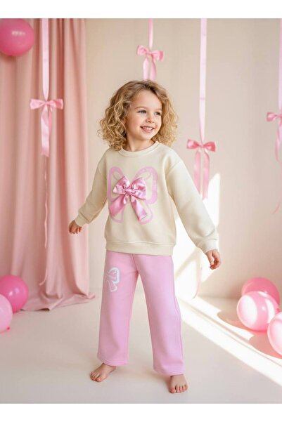 Pinkitokids Love Mom Bow Detailed Sweatshirt and Sweatpants Set