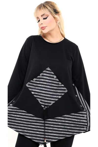Kheos O-Neck Cut Square Pocket Skirt Asymmetrical and Blocky Long Sleeve Design Plus Size Tunic