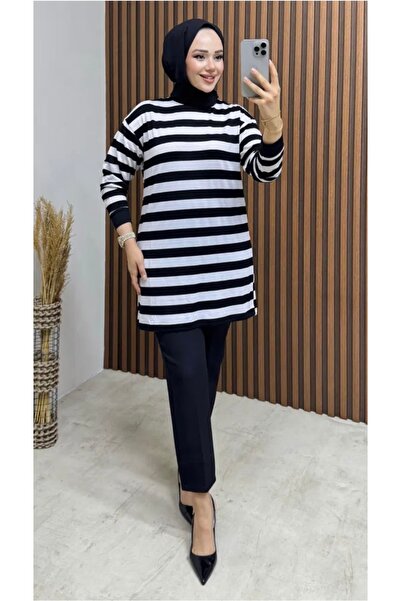GREEN OFFICIAL Siyah Çizgili Kadın Penye Tunik