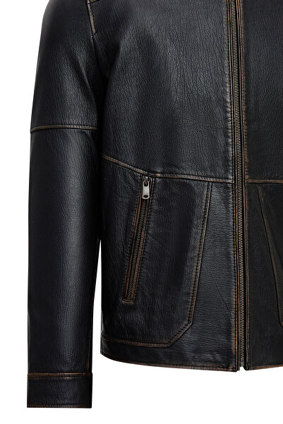 Derimod James Men's Black Judge Collar Leather Coat 25Wge6588Vd