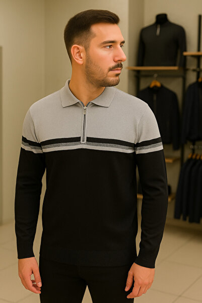 Maccali Men's Casual Long Sleeve Black Zipper Sweatshirt