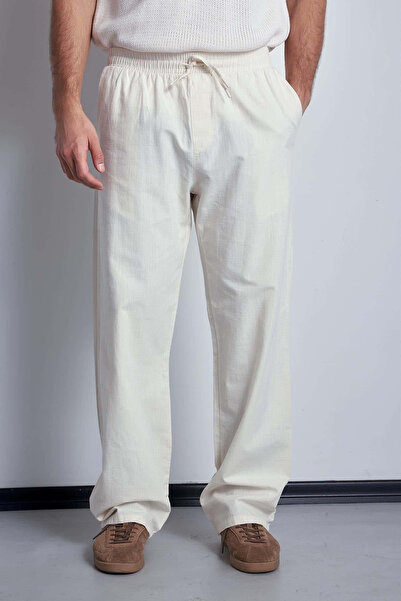 XPUPPETWEAR Men's Linen Look Elastic Waist Baggy Trousers Beige