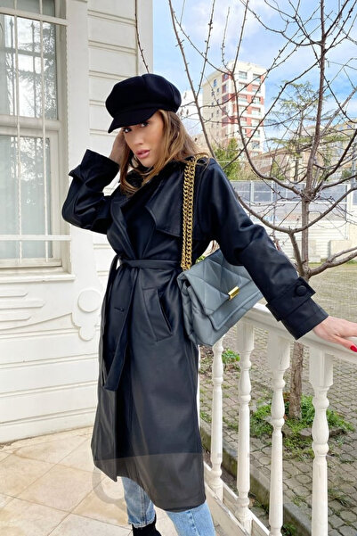 Qaju Women's Belted Jacket Collar Long Faux Leather Trench Coat - Black