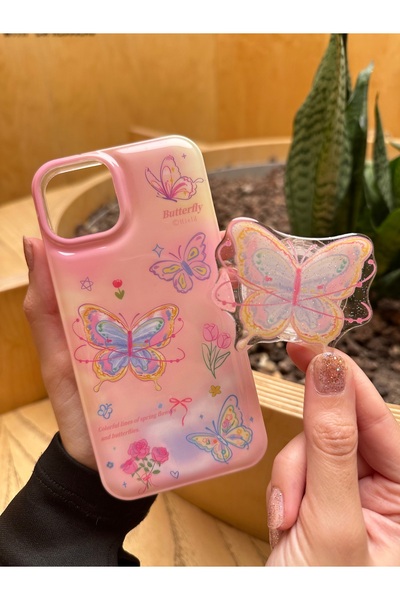 BURKİNA iPhone 13/14 Uyumlu Pembe Silikon Kılıf , Kelebek Desen Glitter Tutucu Magnet Hediyeli