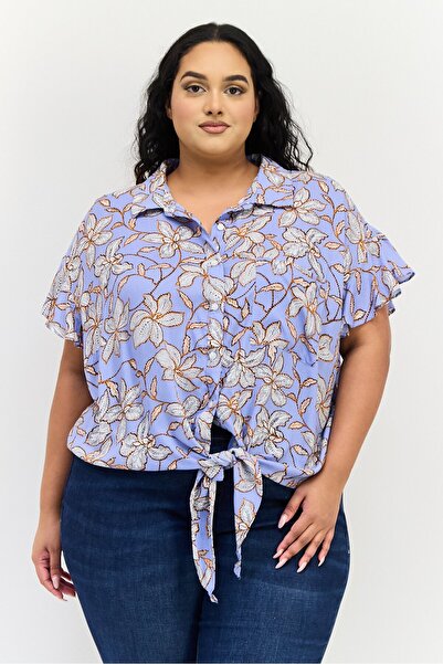 Jessica Simpson Women Plus Size Spread Collar Short Sleeve Floral Print Shirt, Multicolor