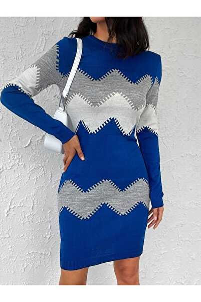 ALPACO Women's Long Sleeve Zigzag Pattern Knitwear Dress
