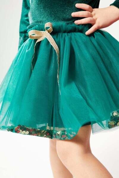Pinkitokids Green Velvet Blouse and Sequin Detailed Tutu Skirt Set