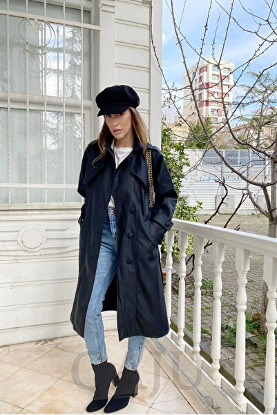 Qaju Kadın Kemerli Ceket Yaka Uzun Suni Deri Trençkot - Siyah