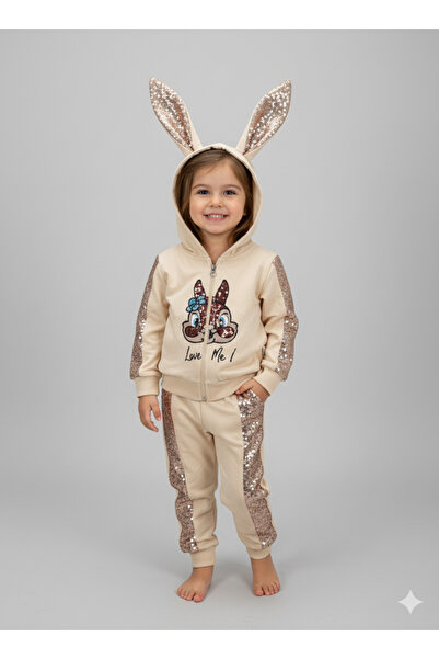 Selvira Gold/Beige Color Sequin Sleeve Tracksuit Set |   3 Piece Rabbit Figur...