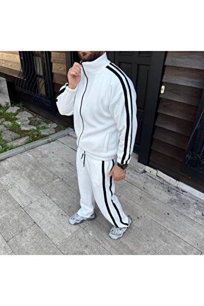 buğrahayalin Men's Double Stripe Tracksuit Set Mock Neck Zippered Sweatshirt with Cuffed Legs, Oversized
