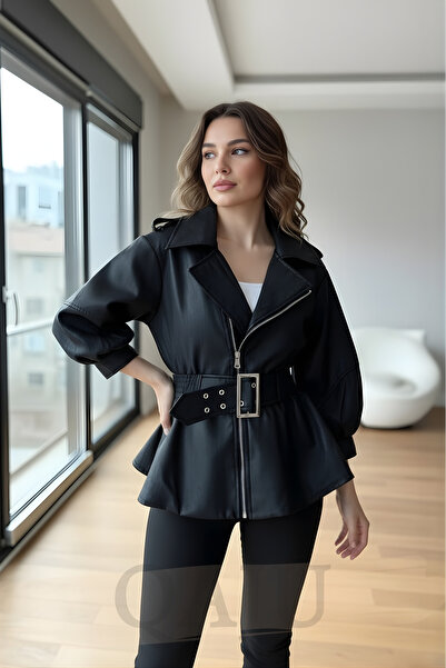 Qaju Γυναικείο μπουφάν από συνθετικό δέρμα με φερμουάρ - Μαύρο