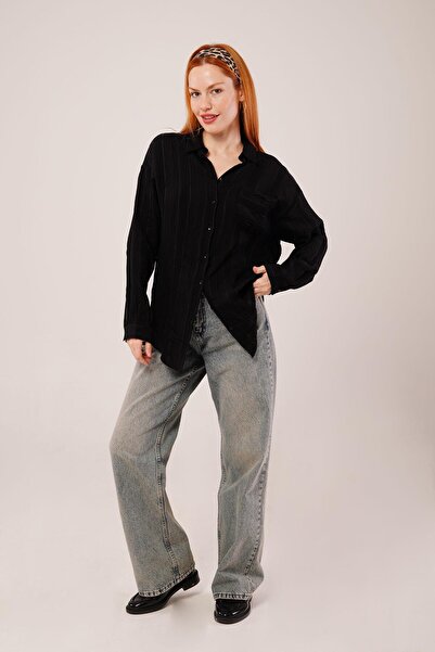 EDA COLLECTION Judge Collar Striped Black Shirt with Pocket Detail