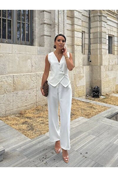 EDA COLLECTION Women's Zero Sleeve Cross V-Neck Front Buttoned Atlas Vest and Trousers Double Set