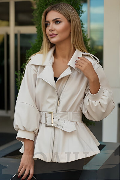 Qaju Women's Zippered Belted Faux Leather Jacket - Ecru