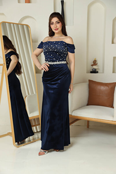 TREN فستان سهرة مخمل كحلي طويل مطرز كريستال أوف شولدر فخم ملكي للحفلات والمنا...