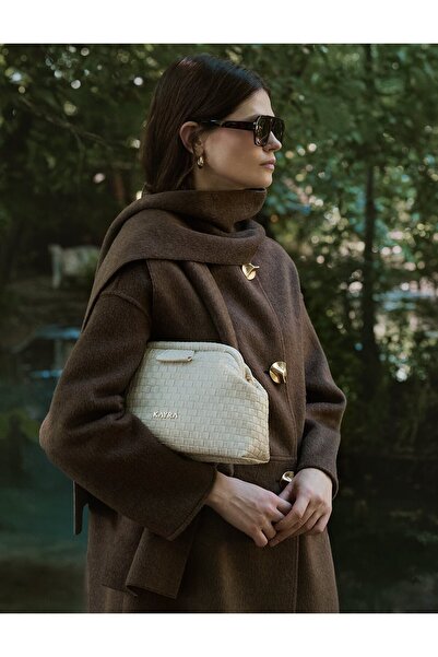 Kayra Button Detailed Scarf Coat with Shawl Detail Bitter Brown