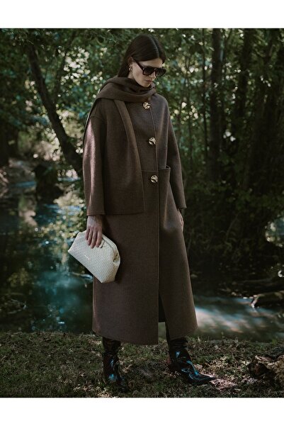 Kayra Button Detailed Scarf Coat with Shawl Detail Bitter Brown