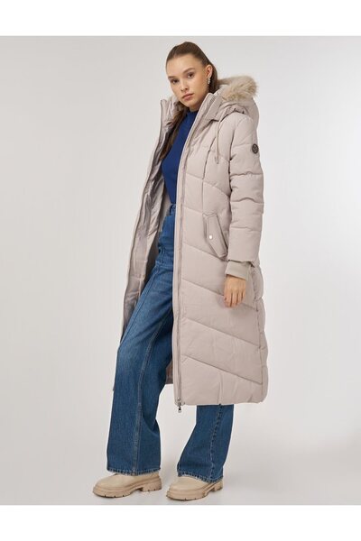 Kayra Faux Fur Detailed Anorak Coat Stone