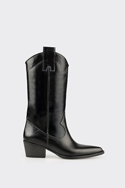Elle Shoes Siyah Deri Kadın Western Çizme