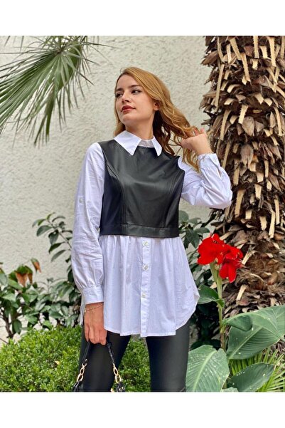 DeYeDe r: İkili Takım Görünümlü Deri Korse Yelekli Beyaz Elbise