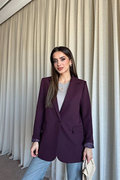 MAT Collection Kadın Mürdüm Düğmeli Astarlı Blazer Ceket