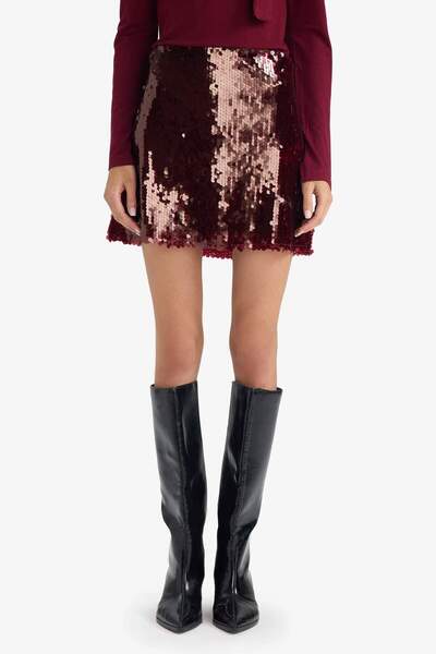 DeFacto New Year's Themed Fitted Regular Waist Lined Sequined Fabric Mini Skirt G4321Ax25Au