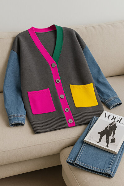 FEMELLE Women's Anthracite Sleeve Jeans Standard Size Knitwear Cardigan Colorful Pocket Detailed Buttoned Oversize