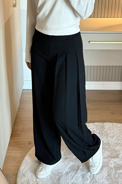 Hazamoda بنطلون زرا مطوي باللون الأسود