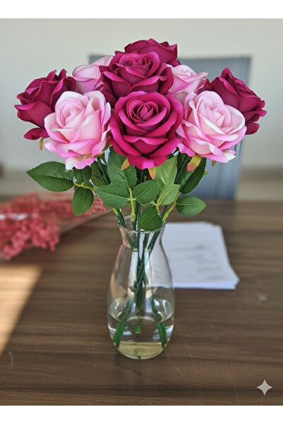 yapay çiçek evi 5 ebruli pembe 5 koyu pembe gül saksı vazo öğretmenler günü