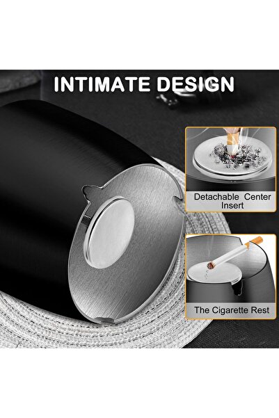 genernic H.Romo Stainless Steel Ashtray with Lid, Windproof Smell-Proof (Black, L)