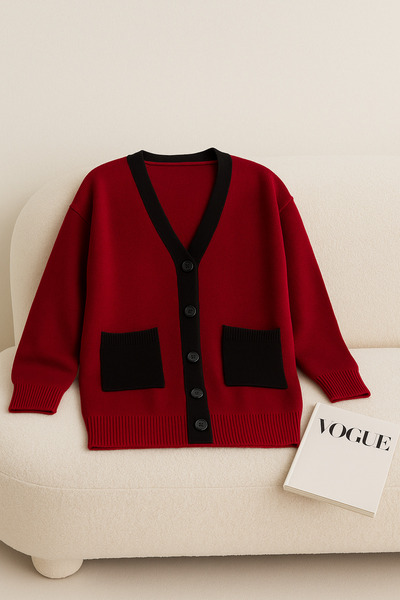 FEMELLE Women's Burgundy Standard Size Black Pocket Detailed Buttoned Oversize Knitwear Cardigan