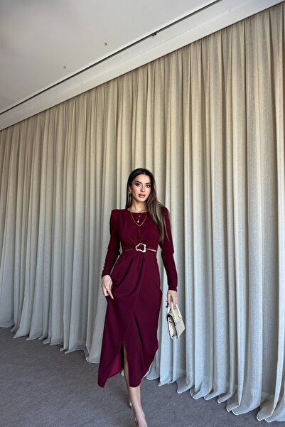 MAT Collection Kadın Bordo Beli Kesik Toka Detaylı Vatkalı Yırtmaçlı Elbise