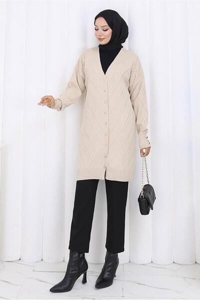 TRENDTESETTÜR Women's Beige (Stone) Patterned Knitwear Cardigan t 8913