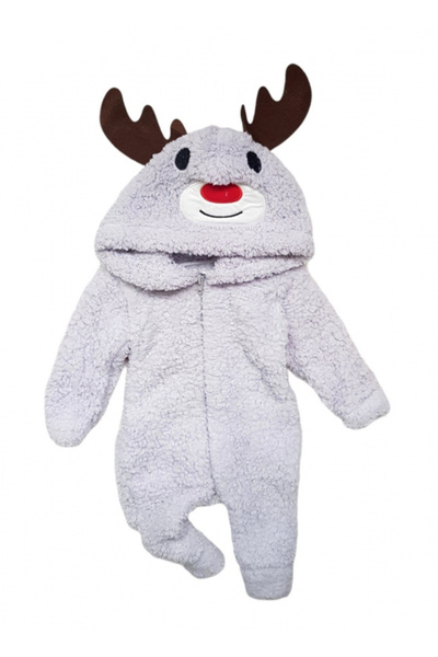 Miniworld Baby fleece jumpsuit with hood and ears, Reindeer model, heart print on the back, gray
