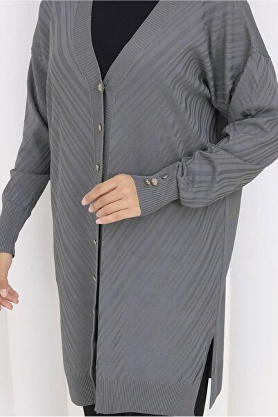 TRENDTESETTÜR Women's Gray Patterned Knitwear Cardigan t 8913