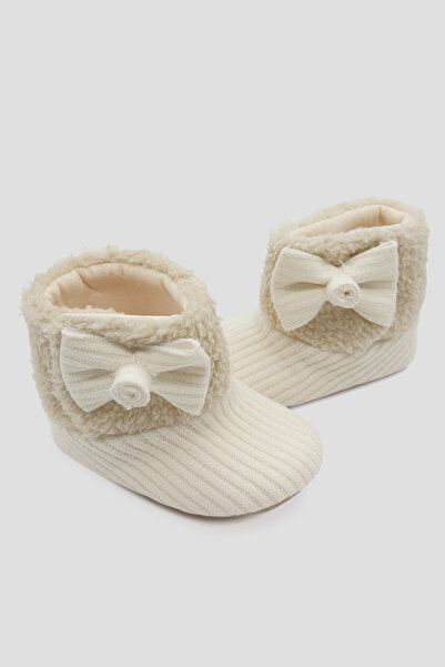 Defne Baby Soft Plush Bow Detailed Knitwear First Step Baby Booties – Winter Model