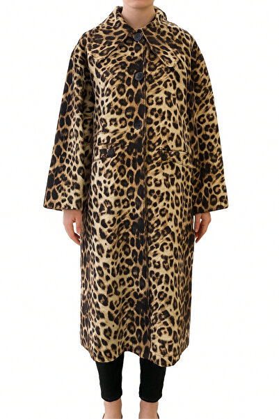 Qualia Butik Women's Leopard Print Design Long Trench Coat