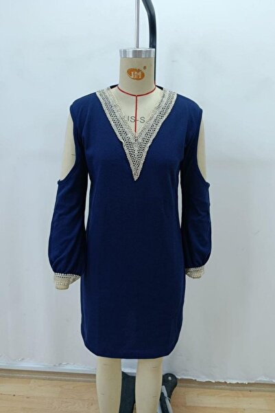 Mossta Off-The-Shoulder V-Neck Ruched Long Sleeve Waffle Mini Dress - Navy Blue