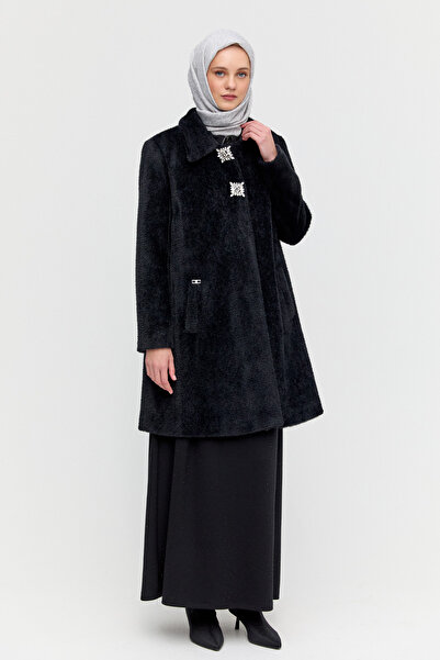 Setrms Angora Suni Kürk Klasik Kesim Broş Detaylı Kaban