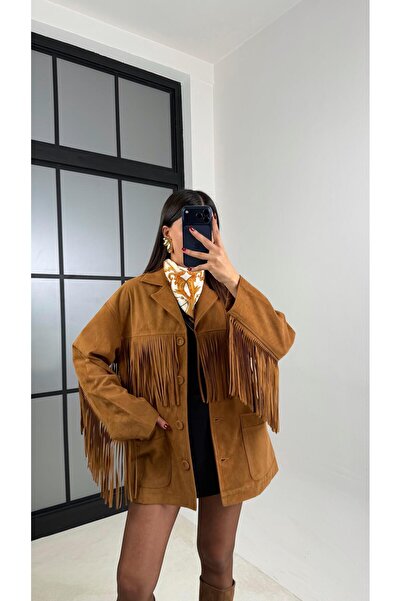 Gaus Camel Tassel Detailed Lined Suede Jacket Gaus-00682