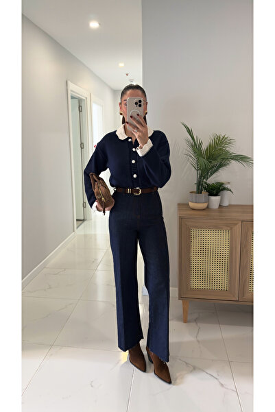 BİRCANÇİL Gita Dark Blue Nubuk Kemerli Kesik Paça Straight Jean