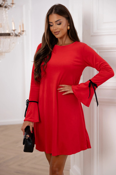 UniqueStore.ro Short red velvet dress with flared sleeves and decorative bows