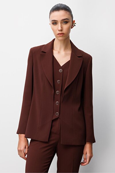 Moda İlgi Modailgi Kırlangıç Yaka Kuptan Yelek Detaylı Astarlı Ceket - 40031 Kahve